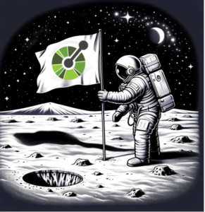 An astronaut plants a flag with an OpenAPI logo on the moon.